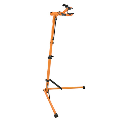 Adjustable bike mechanic repair stand in bright orange, featuring sturdy metal construction, rubber grips, and a stable tripod base