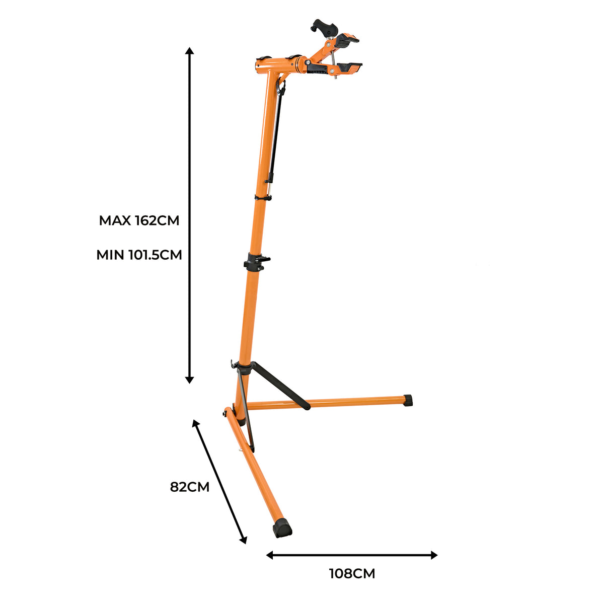 Adjustable bike mechanic repair stand in bright orange, featuring sturdy metal construction, rubber grips, and a collapsible design for easy storage