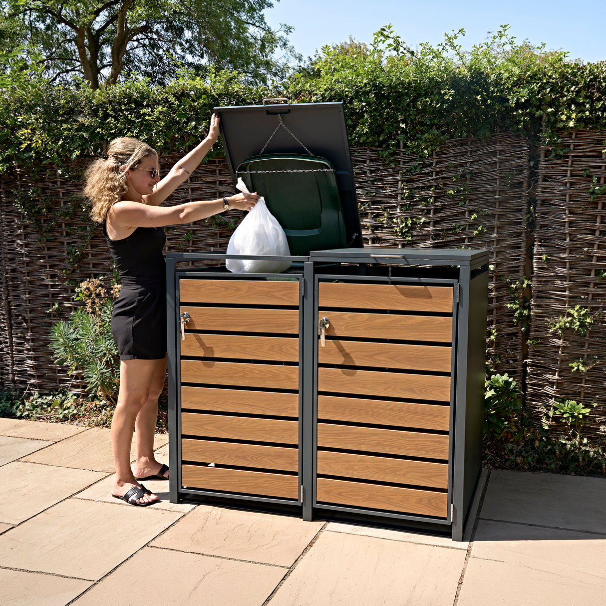 Double Wheelie Bin Metal Storage - Anthracite & Wood - view 12