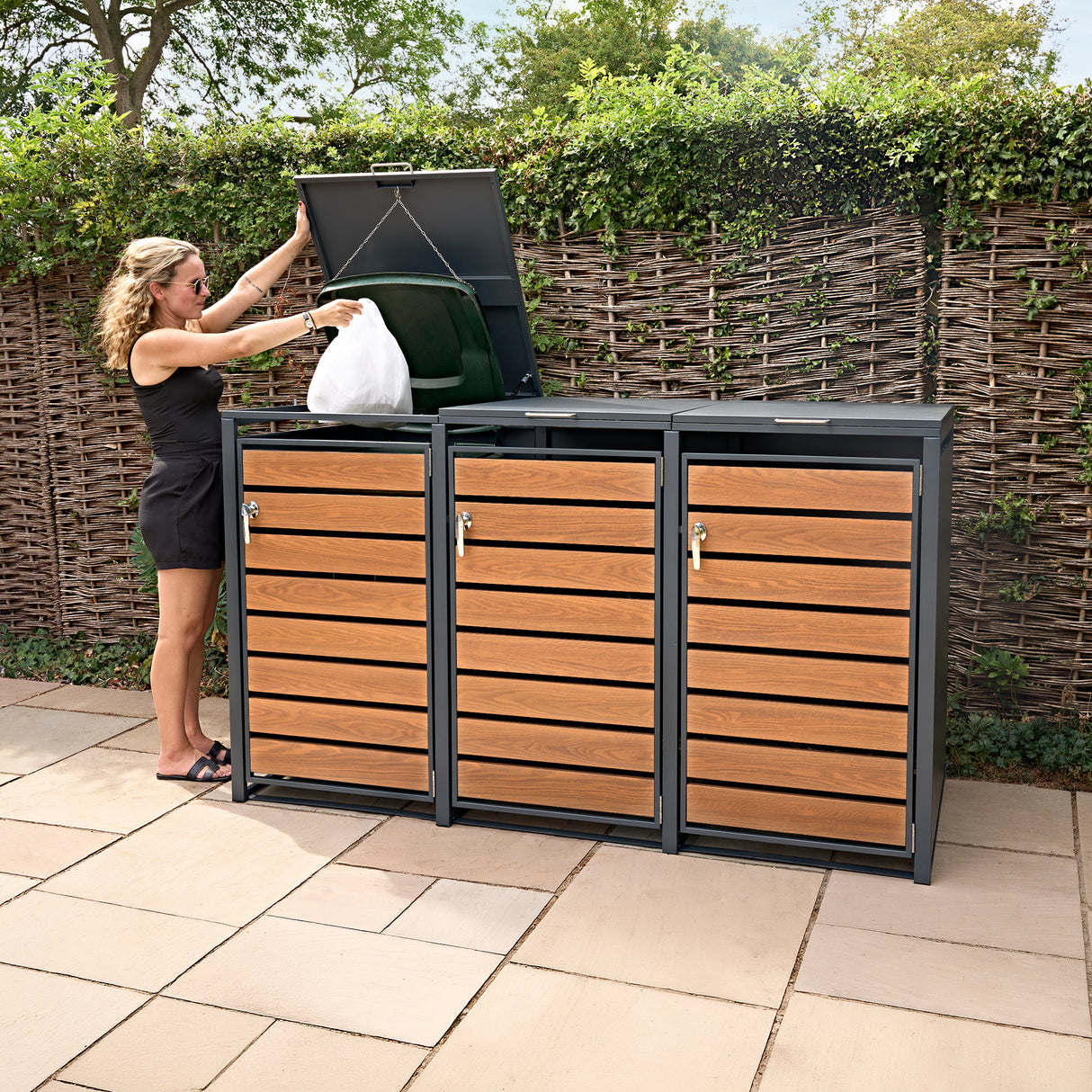 Triple Wheelie Bin Metal Storage - Anthracite & Wood - view 12