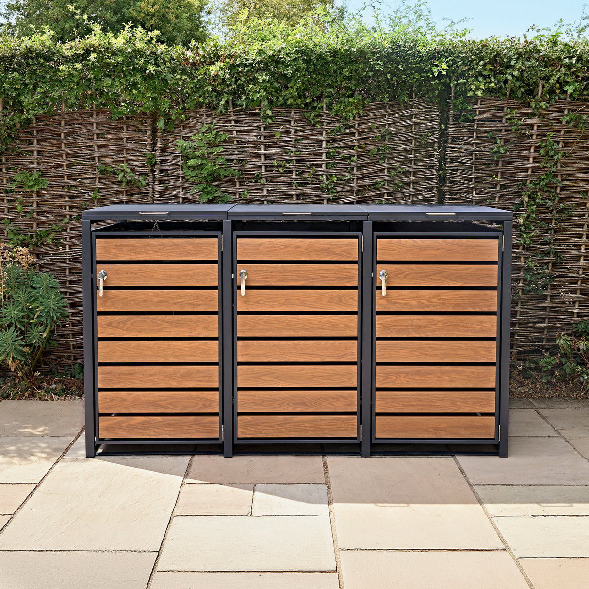 Triple Wheelie Bin Metal Storage - Anthracite & Wood - view 4