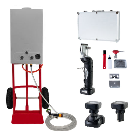 Cordless red horse shower and clippers set, featuring a sleek metal tank, wheels for mobility, and essential grooming tools included