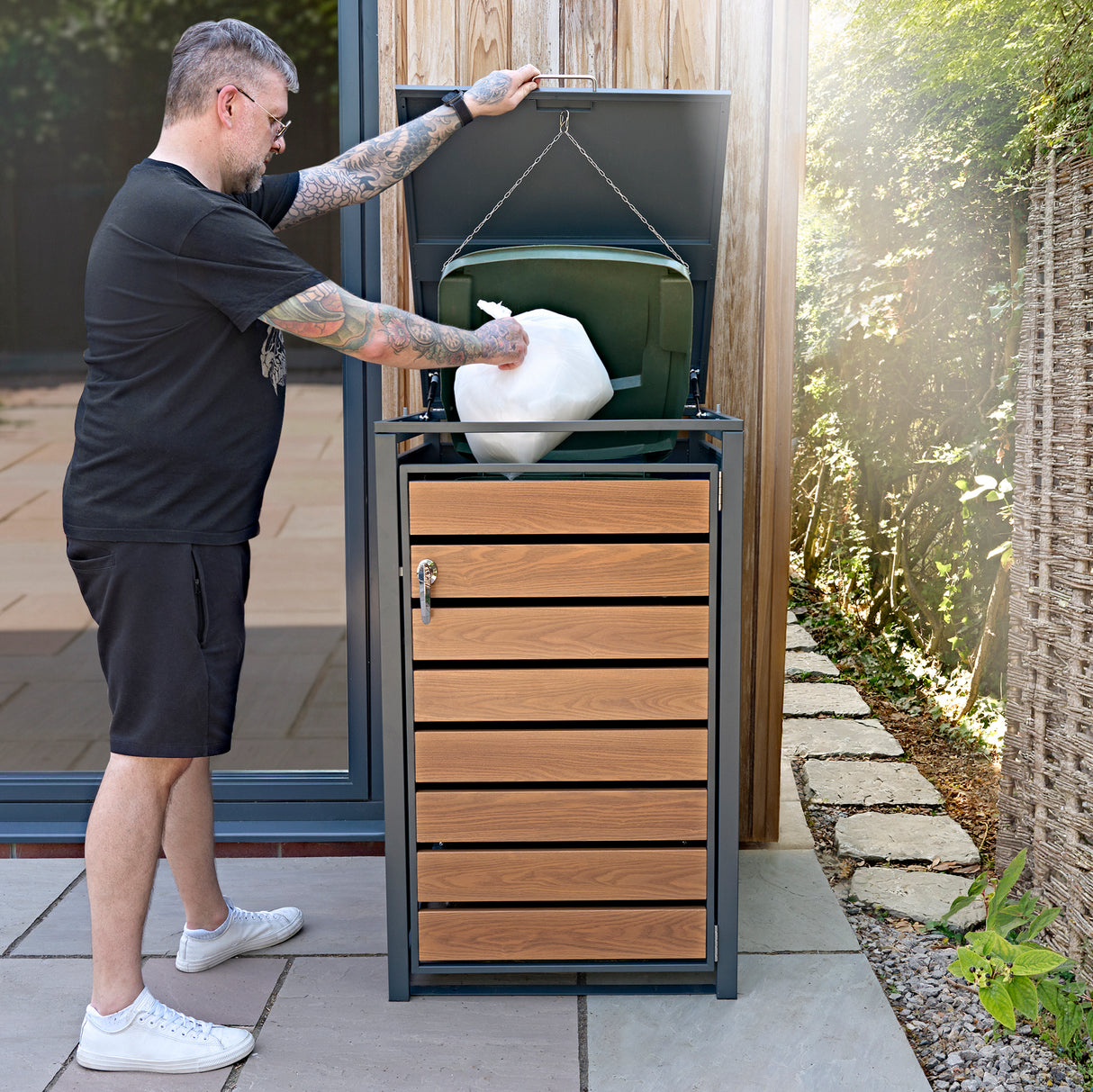 Single Wheelie Bin Metal Storage - Anthracite & Wood - view 12