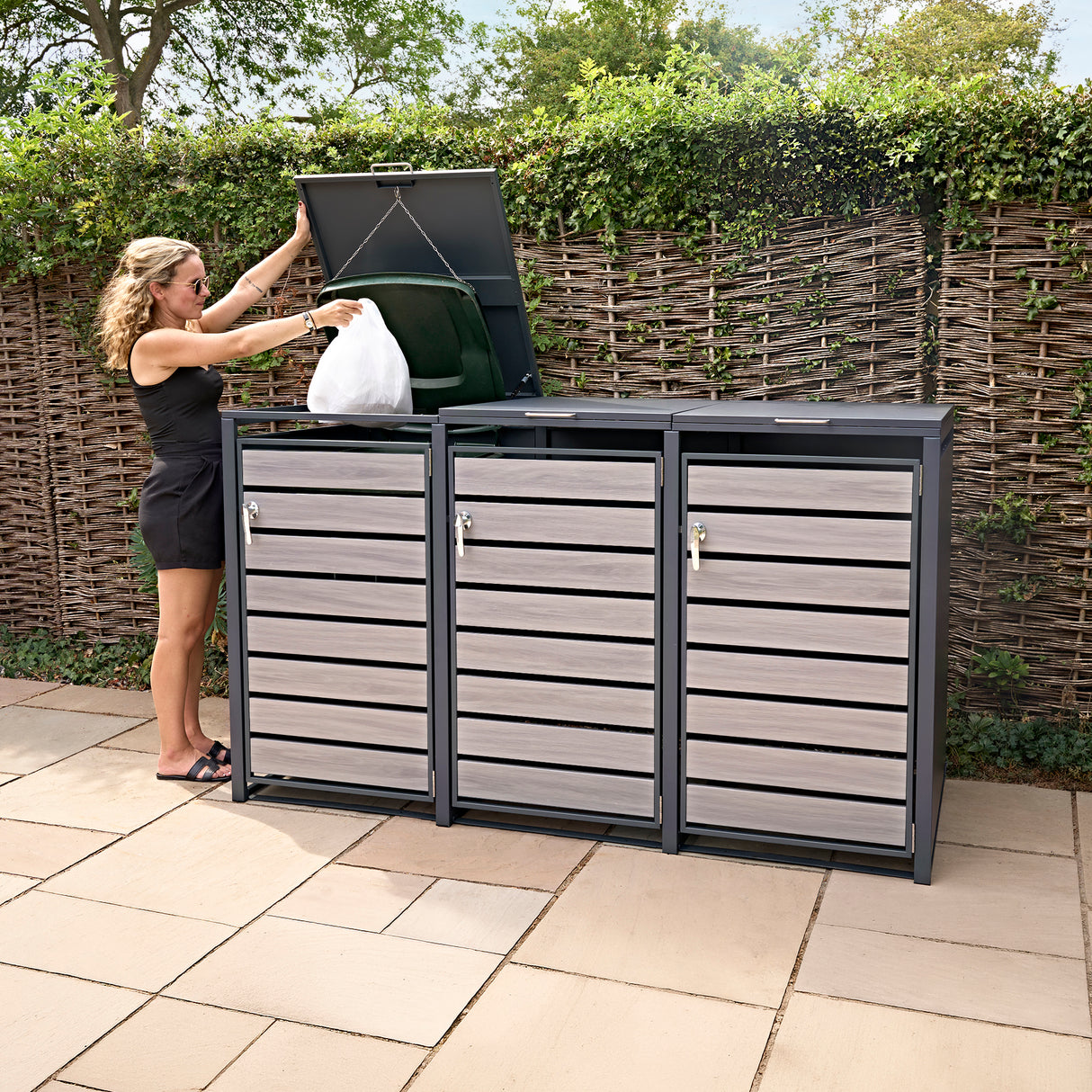 Triple Wheelie Bin Metal Storage - Anthracite Grey Wood - view 12