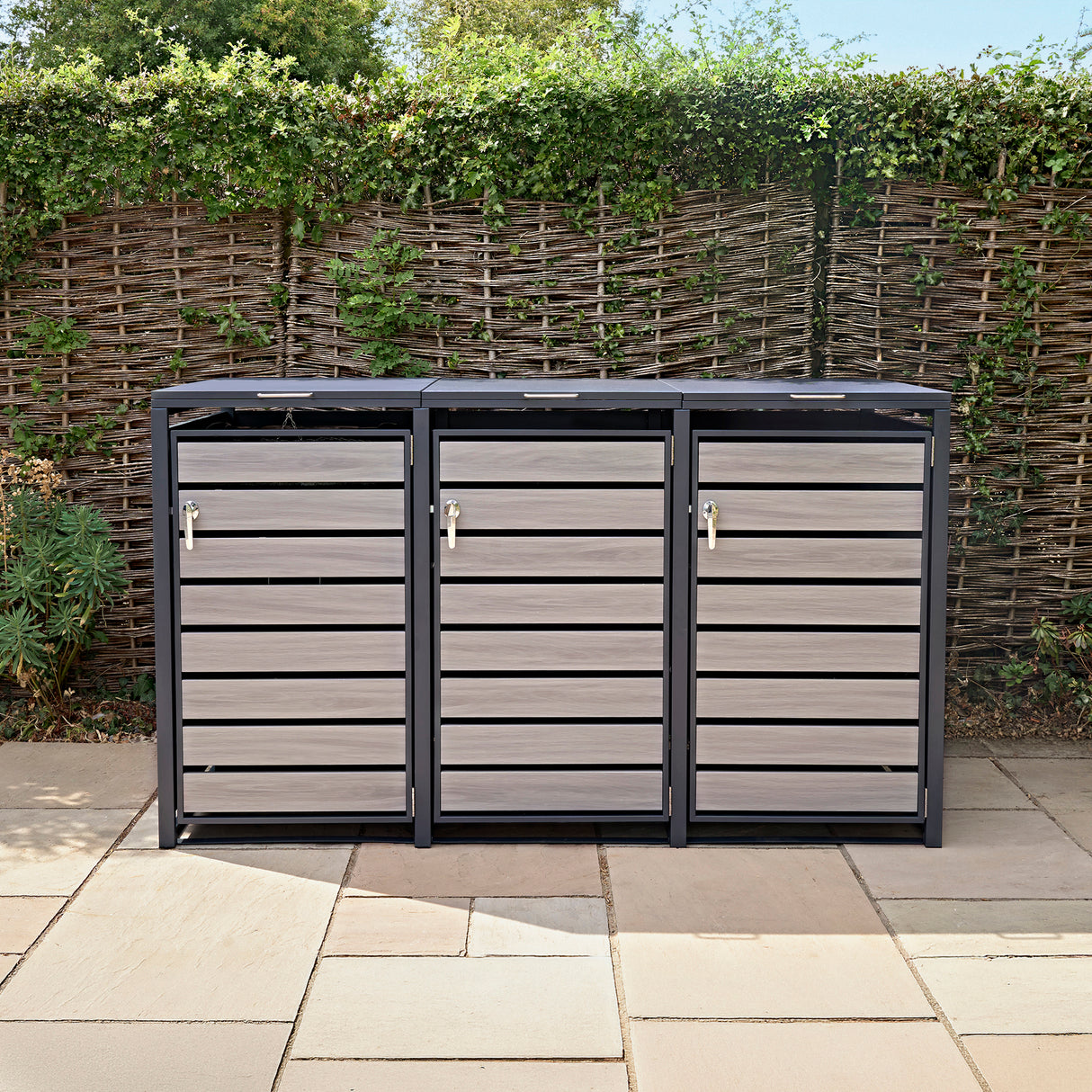Triple Wheelie Bin Metal Storage - Anthracite Grey Wood - view 4