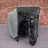 Large grey motorbike tent with a sturdy frame, featuring a spacious entrance and weather-resistant fabric, ideal for motorcycle protection
