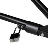 Close-up of the sturdy black locking mechanism on the XL grey motorbike tent, showcasing its durable metal construction and secure design