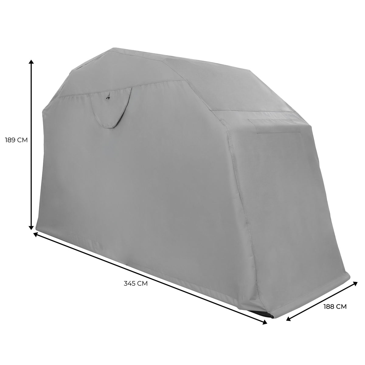 XL grey motorbike tent with a sleek design, durable material, and dimensions of 345 cm length, 189 cm height, and 188 cm width