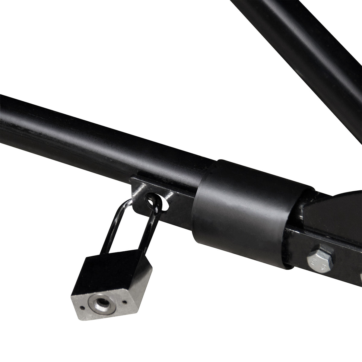 Sturdy black metal frame with a secure lock mechanism for a medium motorbike tent, featuring a sleek grey fabric cover