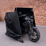 XL black motorbike tent featuring a durable, weather-resistant fabric, designed to protect motorcycles from the elements while parked