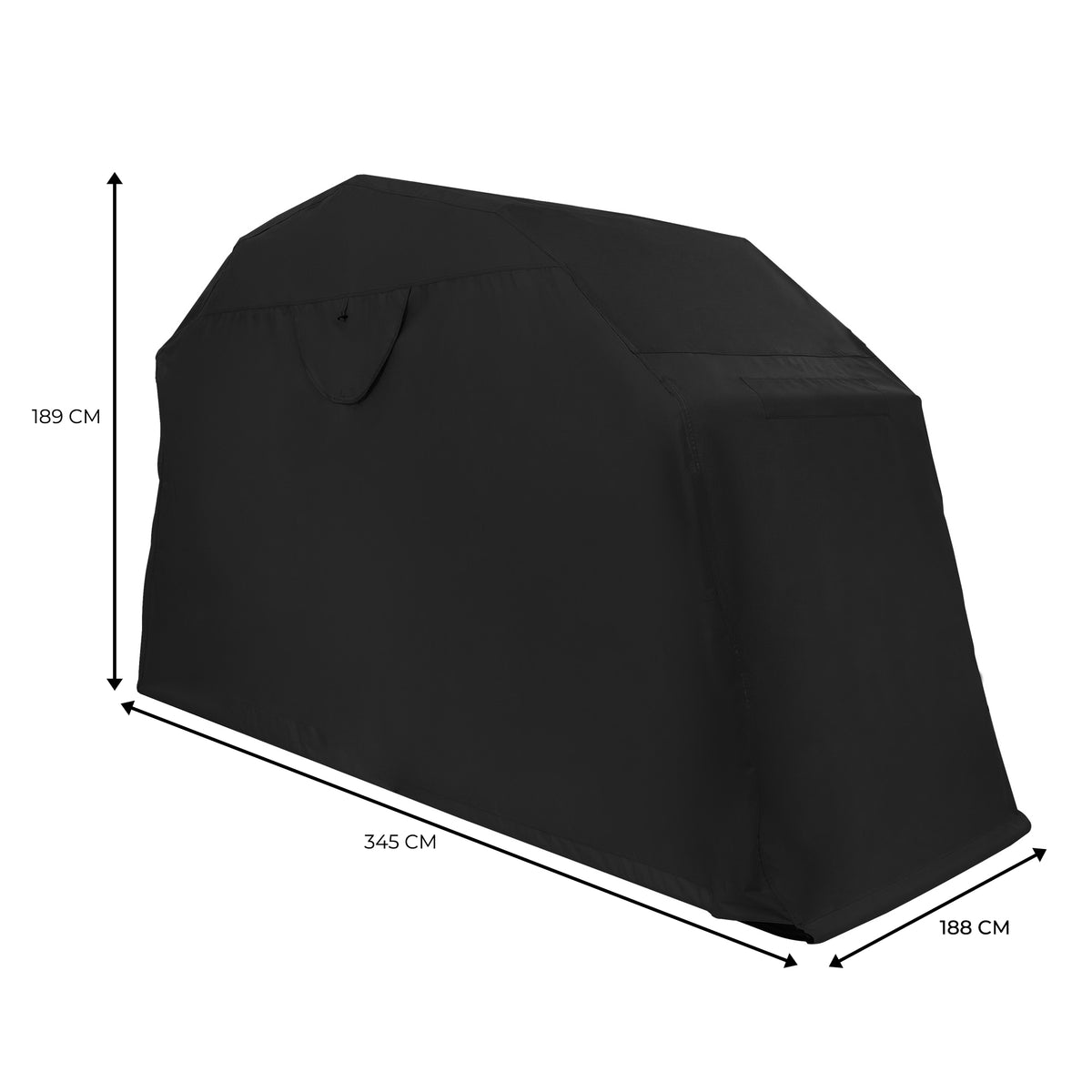XL black motorbike tent with a sleek design, measuring 345 cm long, 189 cm high, and 188 cm wide, featuring durable material and a weather-resistant finish