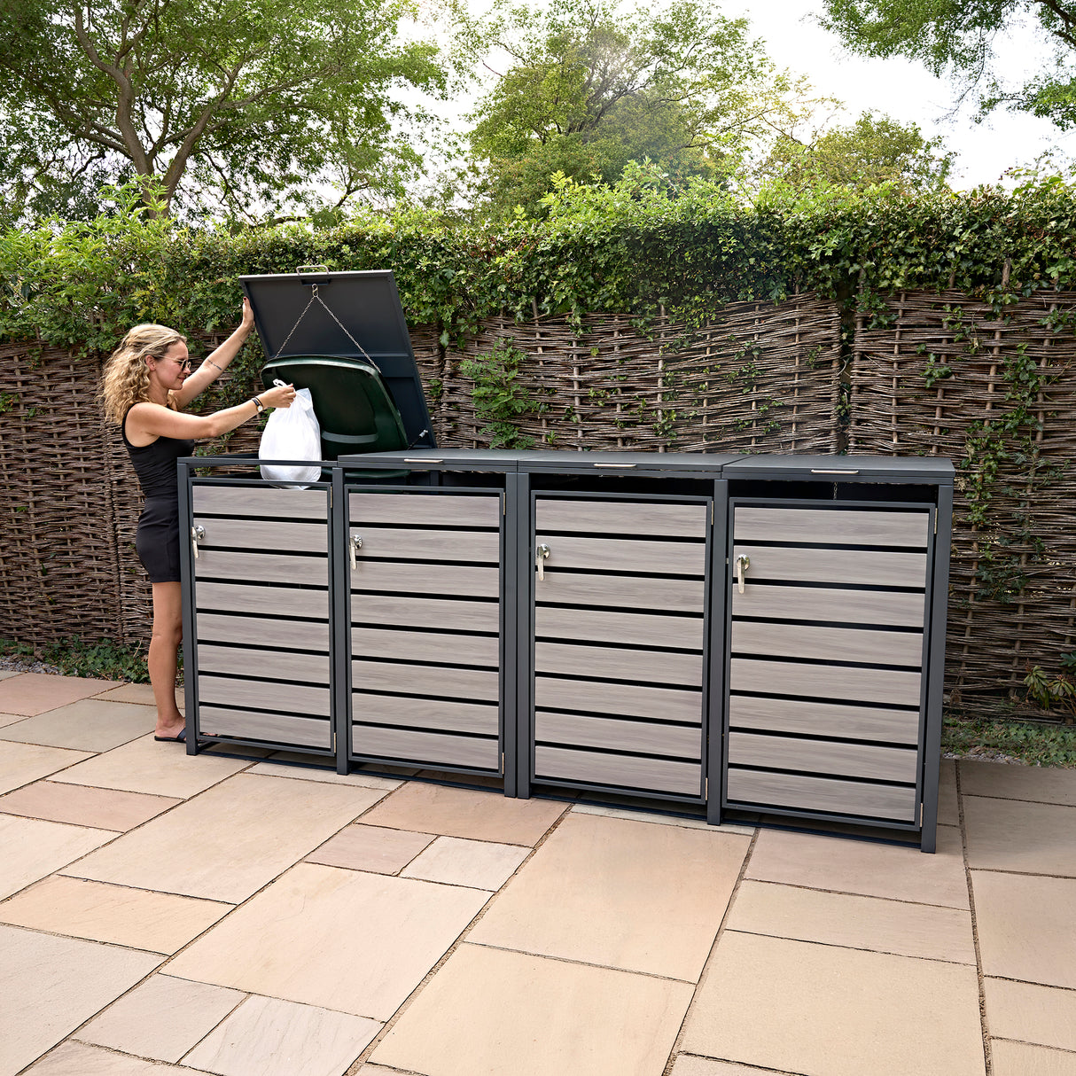 Quadruple Wheelie Bin Metal Storage - Anthracite Grey Wood - view 12