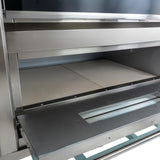 Large commercial pizza oven with stainless steel exterior, spacious baking chamber, and ceramic stone base for even heat distribution