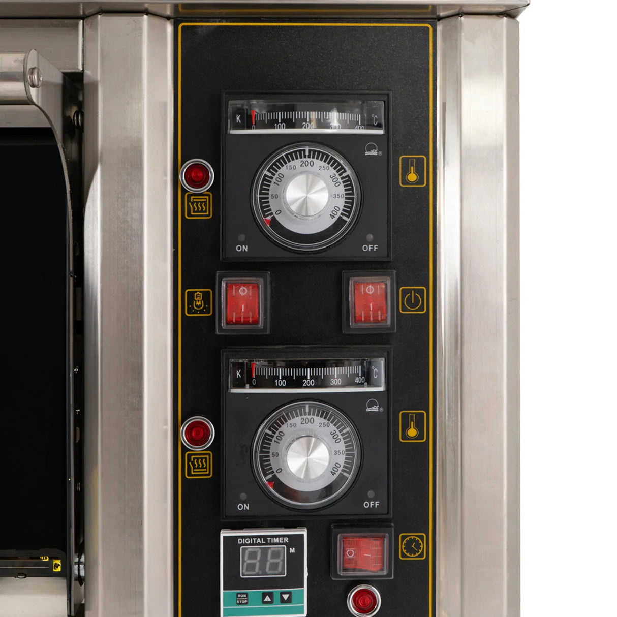 Control panel of the KuKoo Large Commercial Pizza Oven featuring dials, digital timer, and indicator lights for precise baking
