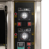 Control panel of the KuKoo Large Commercial Pizza Oven featuring dials, digital timer, and indicator lights for precise baking
