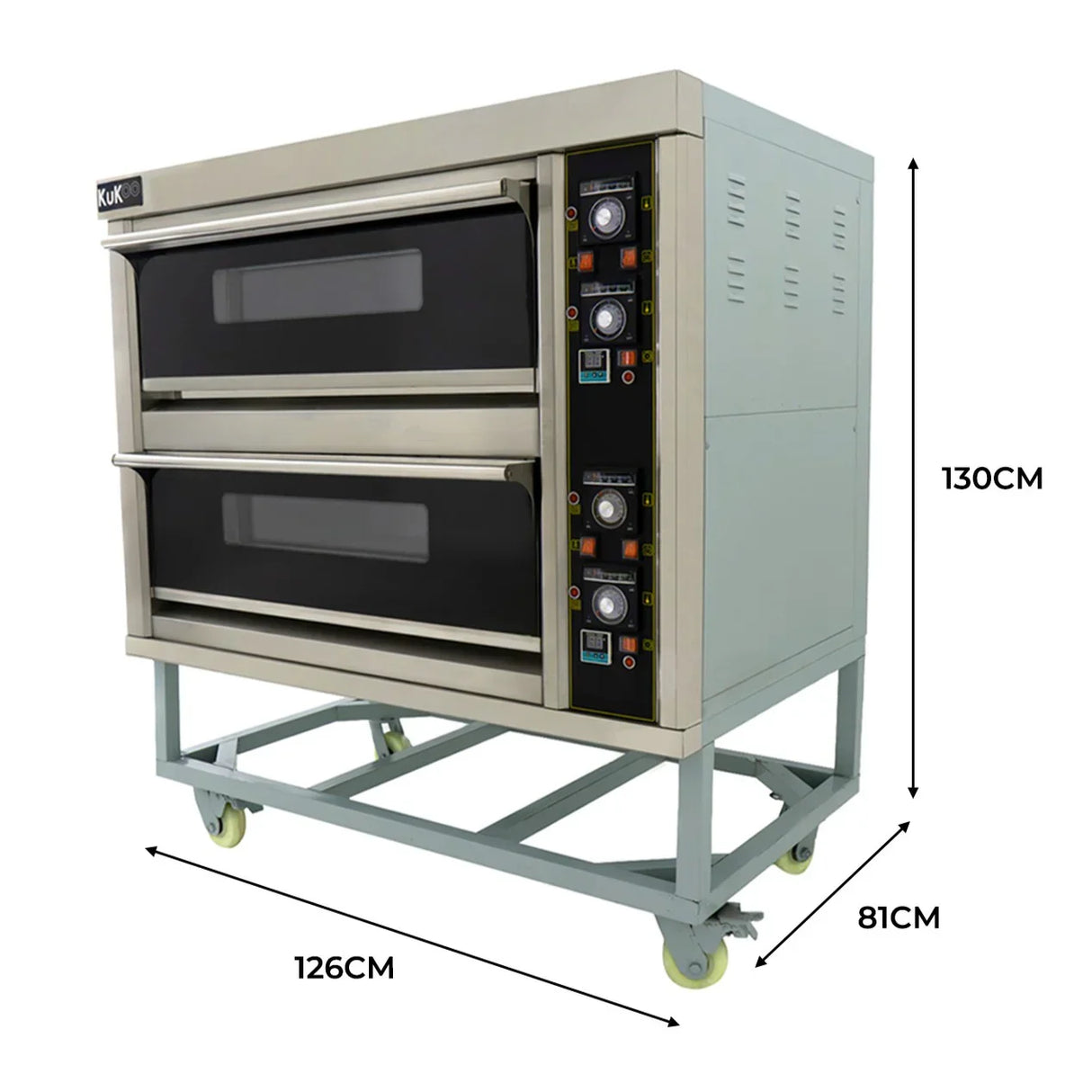 KuKoo large commercial pizza oven with two black glass doors, stainless steel finish, and adjustable temperature controls on the side