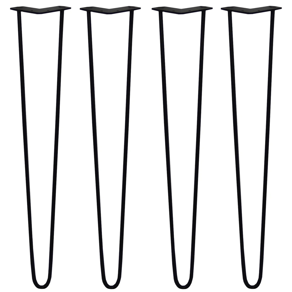 Black 28-inch hairpin legs with a sleek 2-prong design, made of durable metal, perfect for DIY furniture projects
