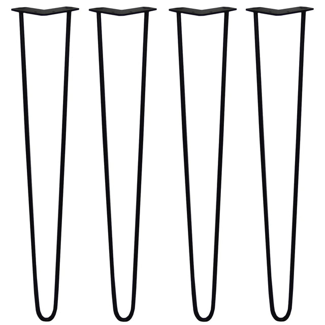 Black 28-inch hairpin legs with a sleek 2-prong design, made of durable metal, perfect for DIY furniture projects