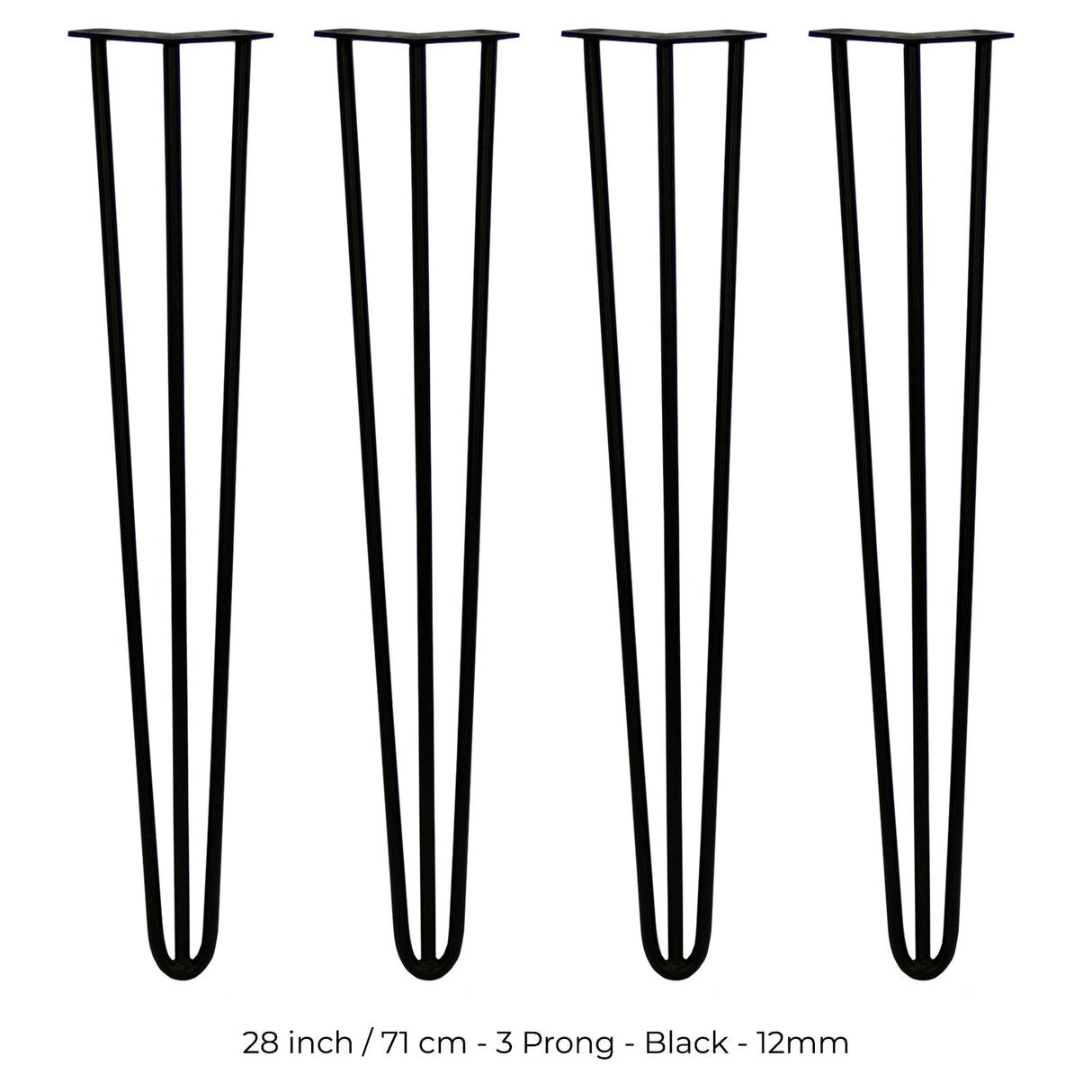 4 x 28" Hairpin Legs - 3 Prong - 12mm - Black