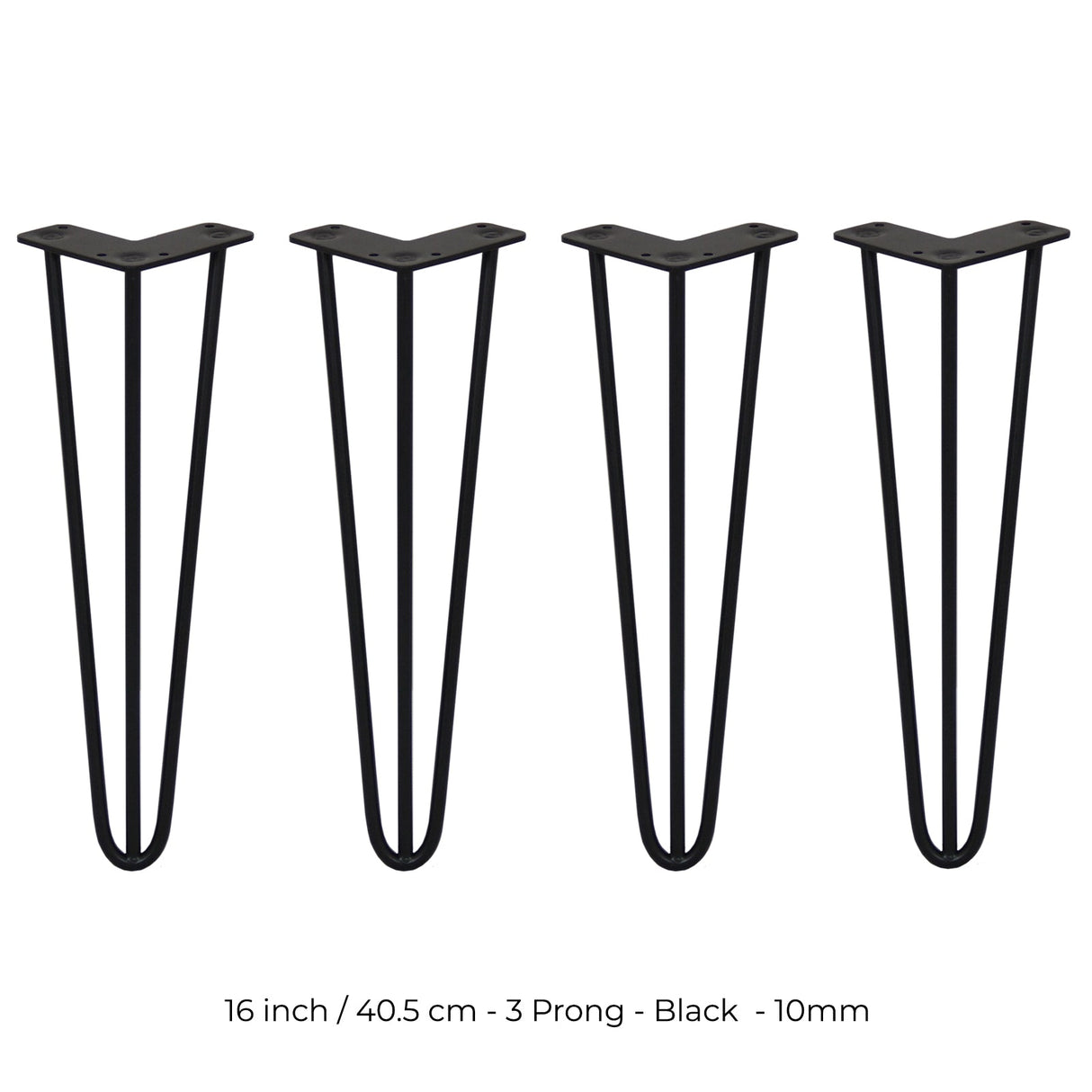 4 x 16" Hairpin Legs - 3 Prong - 10mm - Black