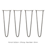 4 x 16" Hairpin Legs - 2 Prong - 10mm - Raw Steel