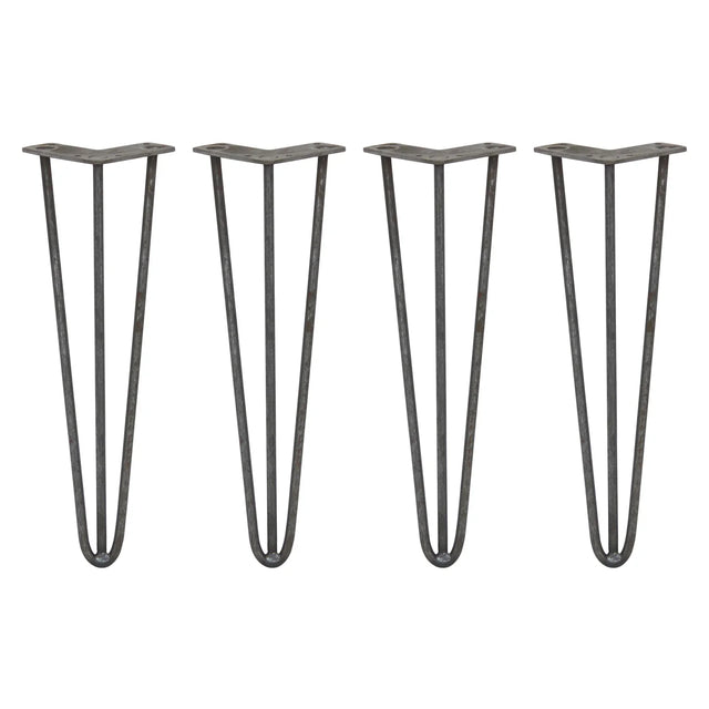 Raw steel hairpin legs in a sleek 3-prong design, measuring 16 inches tall, perfect for DIY furniture projects