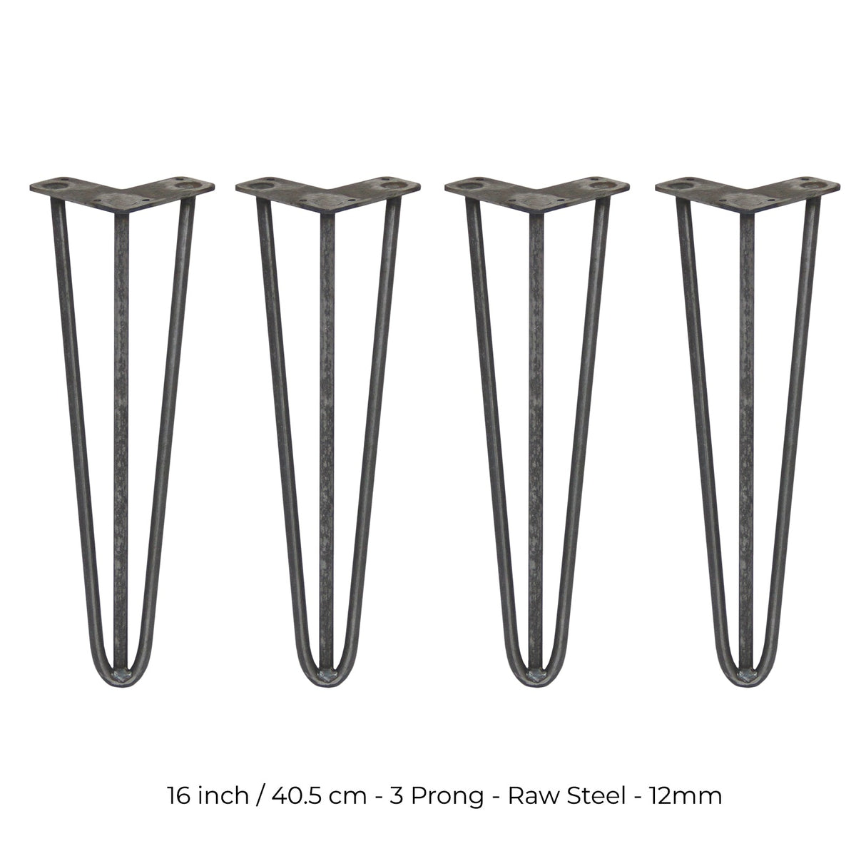 4 x 16" Hairpin Legs - 3 Prong - 12mm - Raw Steel