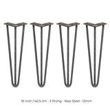 4 x 16" Hairpin Legs - 3 Prong - 12mm - Raw Steel