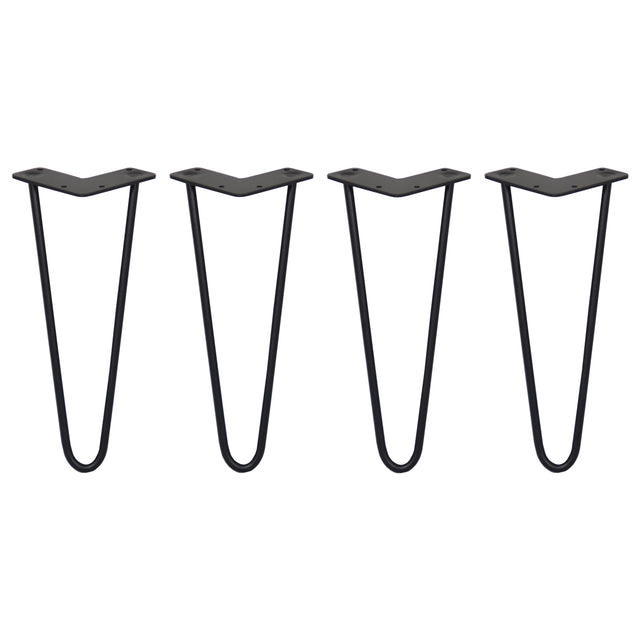 Black 4 x 12-inch hairpin legs with a sleek, modern design, featuring a sturdy 10mm metal construction and two prongs for stability