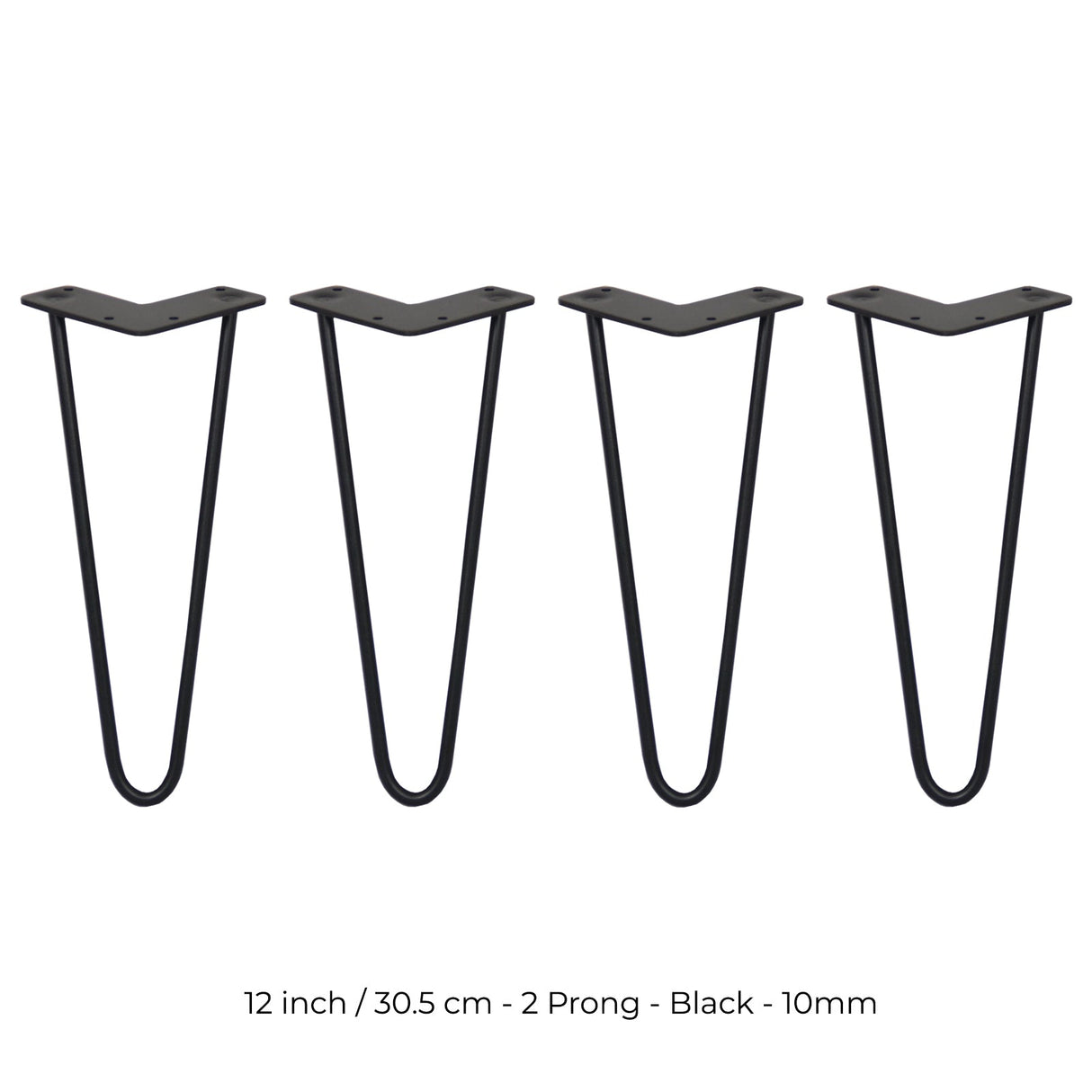 4 x 12" Hairpin Legs - 2 Prong - 10mm - Black