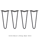 4 x 12" Hairpin Legs - 2 Prong - 10mm - Black