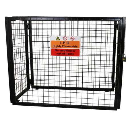 Gas Bottle Mesh Cage 900mm in black metal, featuring a secure lock and warning signs for flammable gas safety, ideal for storage