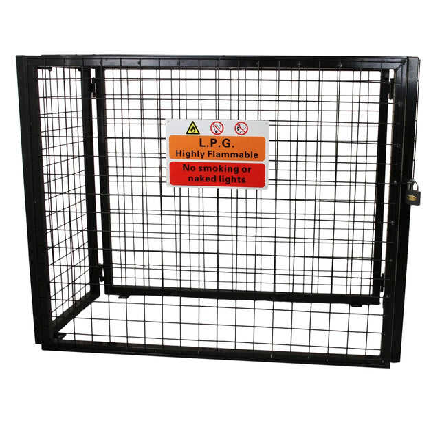 Gas Bottle Mesh Cage 900mm in black metal, featuring a secure lock and warning signs for flammable gas safety, ideal for storage