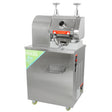 Stainless steel KuKoo sugar cane press with a sleek design, featuring a large feeding chute and sturdy wheels for mobility