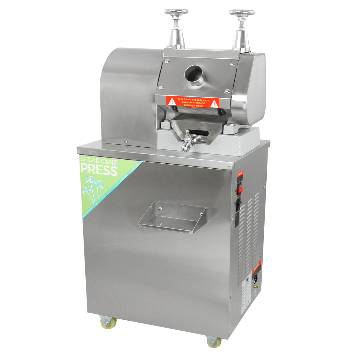 Stainless steel KuKoo sugar cane press with a sleek design, featuring a large feeding chute and sturdy wheels for mobility