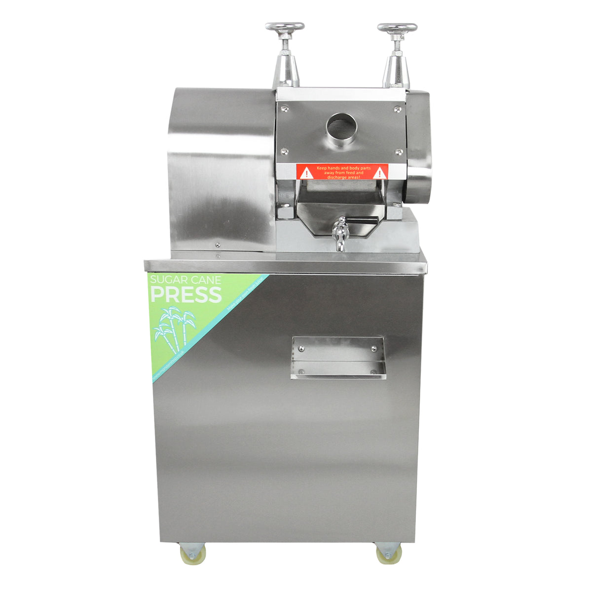 Stainless steel KuKoo sugar cane press with a sleek design, featuring two chrome handles and a bright green label for easy operation
