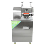 Stainless steel KuKoo sugar cane press with a sleek design, featuring two chrome handles and a bright green label for easy operation