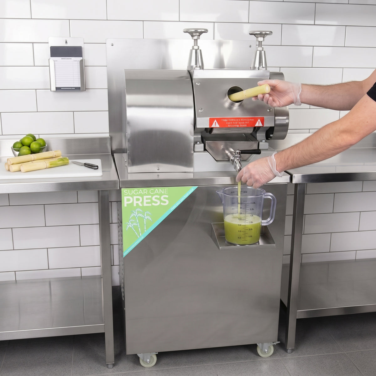 Stainless steel KuKoo sugar cane press with a hand inserting sugar cane, juice flowing into a measuring jug on a countertop