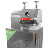 Stainless steel KuKoo sugar cane press with a sleek design, featuring dual levers and a safety warning label for secure operation