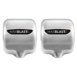 Sleek silver MAXBLAST hand dryers with a modern design, featuring a black logo and smooth, polished surfaces for easy cleaning