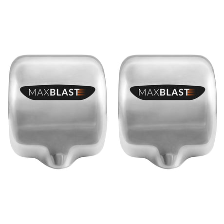 Sleek silver MAXBLAST hand dryers with a modern design, featuring a black logo and smooth, polished surfaces for easy cleaning