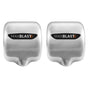 Sleek silver MAXBLAST hand dryers with a modern design, featuring a black logo and smooth, polished surfaces for easy cleaning