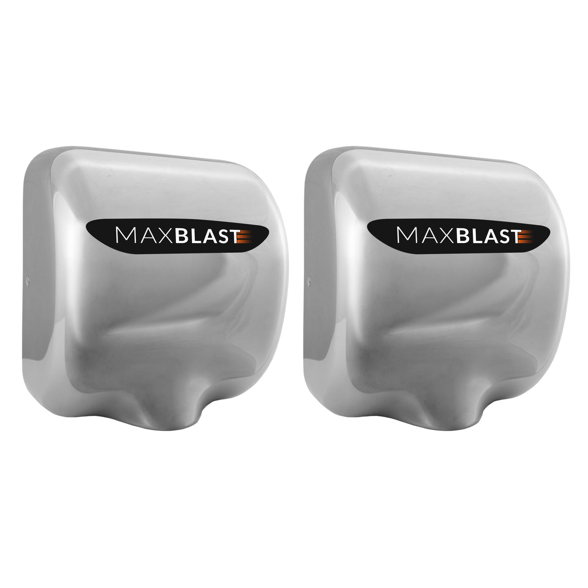 Sleek stainless steel MAXBLAST hand dryers with a modern design, featuring a black logo and smooth, polished surface