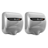 Sleek stainless steel MAXBLAST hand dryers with a modern design, featuring a black logo and smooth, polished surface