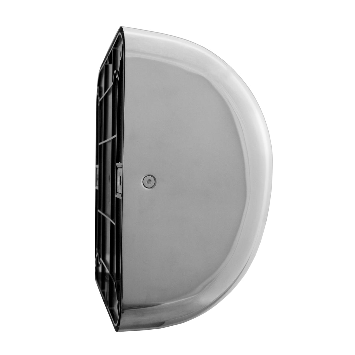 Sleek stainless steel hand dryer with a curved design, featuring a smooth surface and a discreet mounting plate for easy installation