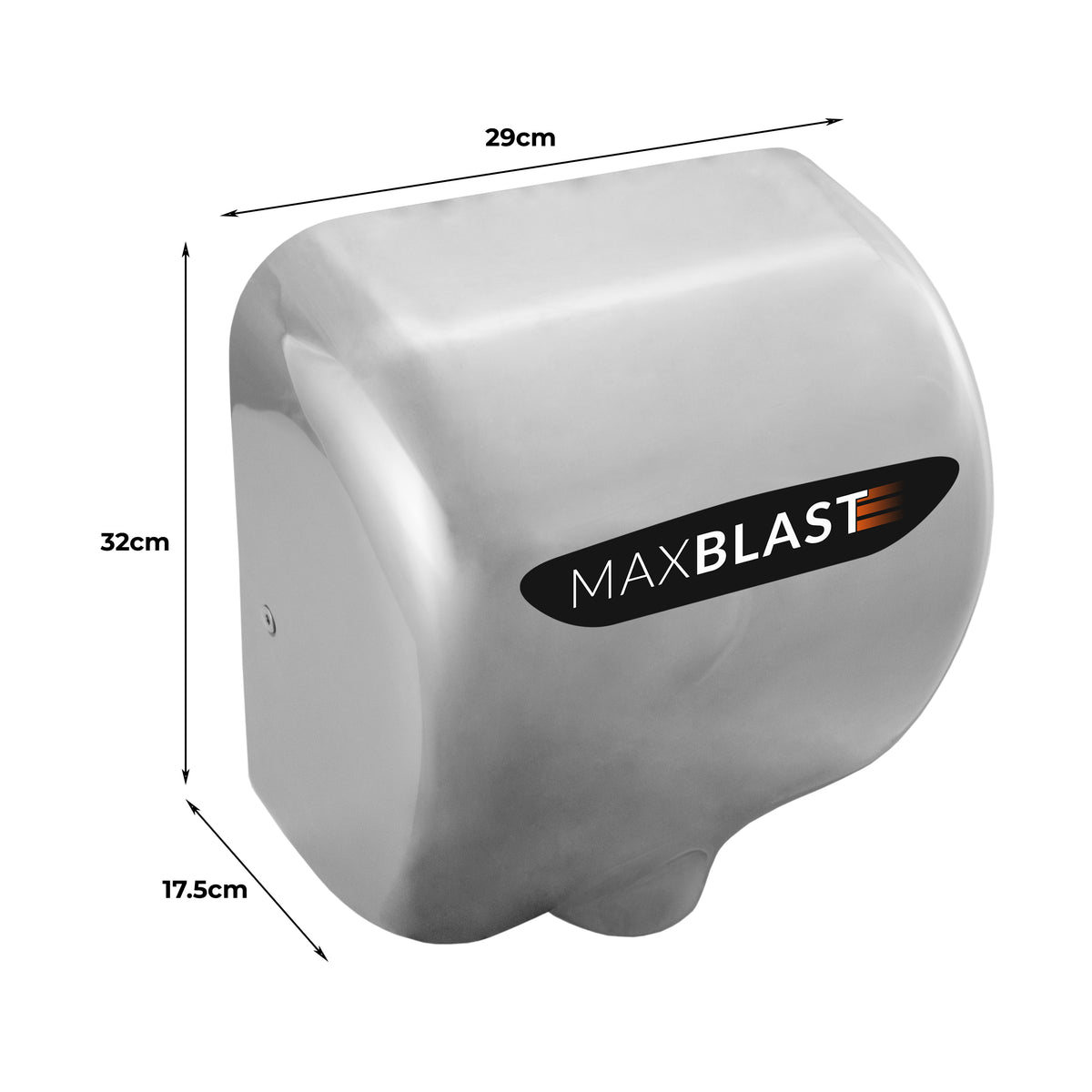 Sleek stainless steel MAXBLAST hand dryer with a modern design, measuring 29cm wide, 32cm tall, and 17.5cm deep, ideal for restrooms