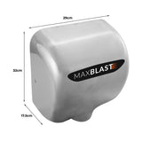 Sleek stainless steel MAXBLAST hand dryer with a modern design, measuring 29cm wide, 32cm tall, and 17.5cm deep, ideal for restrooms