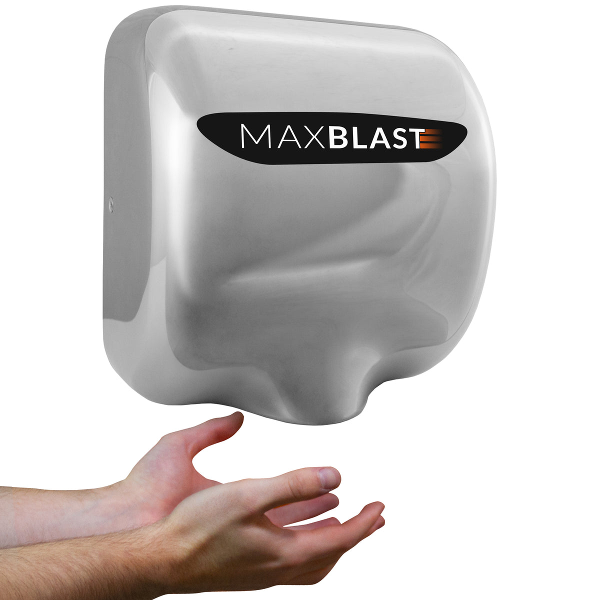 Sleek stainless steel MAXBLAST hand dryer with a modern design, featuring a powerful airflow and ergonomic hand placement for efficient drying