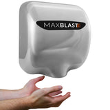 Sleek stainless steel MAXBLAST hand dryer with a modern design, featuring a powerful airflow and ergonomic hand placement for efficient drying