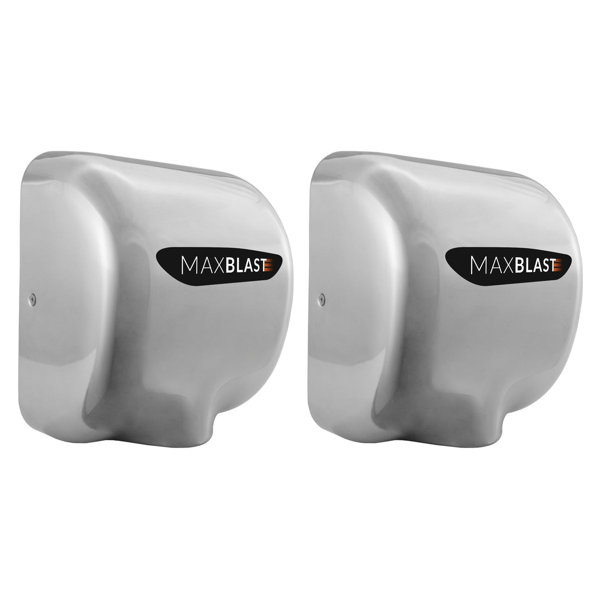 Sleek stainless steel MAXBLAST hand dryers with a modern design, featuring a black logo and smooth, polished surface